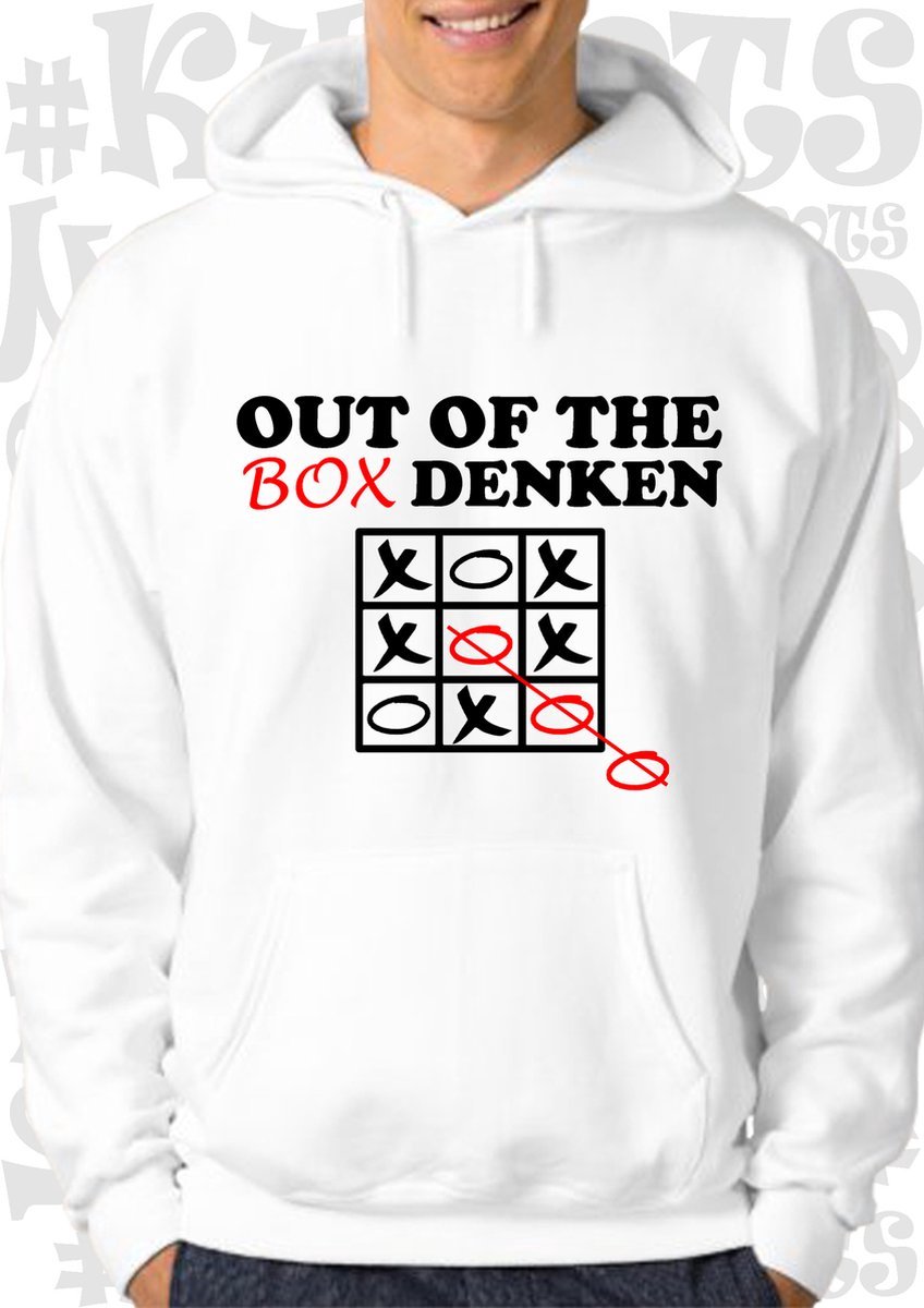 OUT OF THE BOX DENKEN heren hoodie - Wit - Maat 3XL - lange mouwen - Met capuchon en steekzakken - grappige teksten - leuke truien | sweaters - humor - quotes - kwoots - kado - cadeau - Anders denken